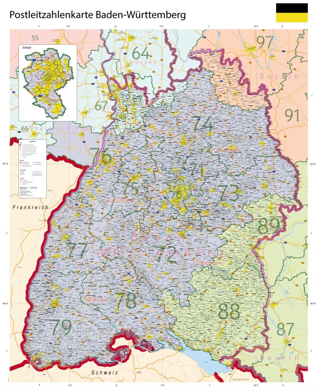 Große Postleitzahlenkarte Baden-Württemberg