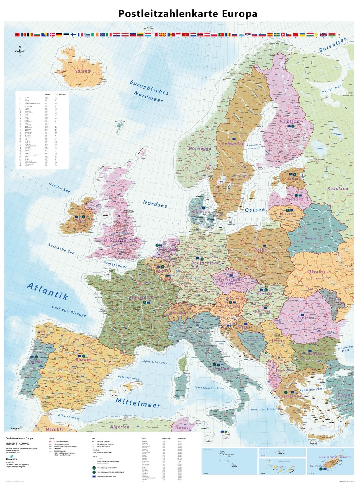 Postleitzahlenkarte Europa mit beidseitiger Laminierung - 2020